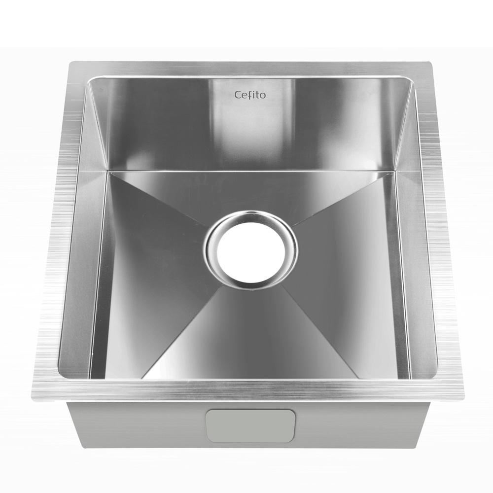 Cefito 51cm x 45cm stainless steel kitchen sink with satin finish and modern design, showcasing its X-flume drainage and R10 round corners.