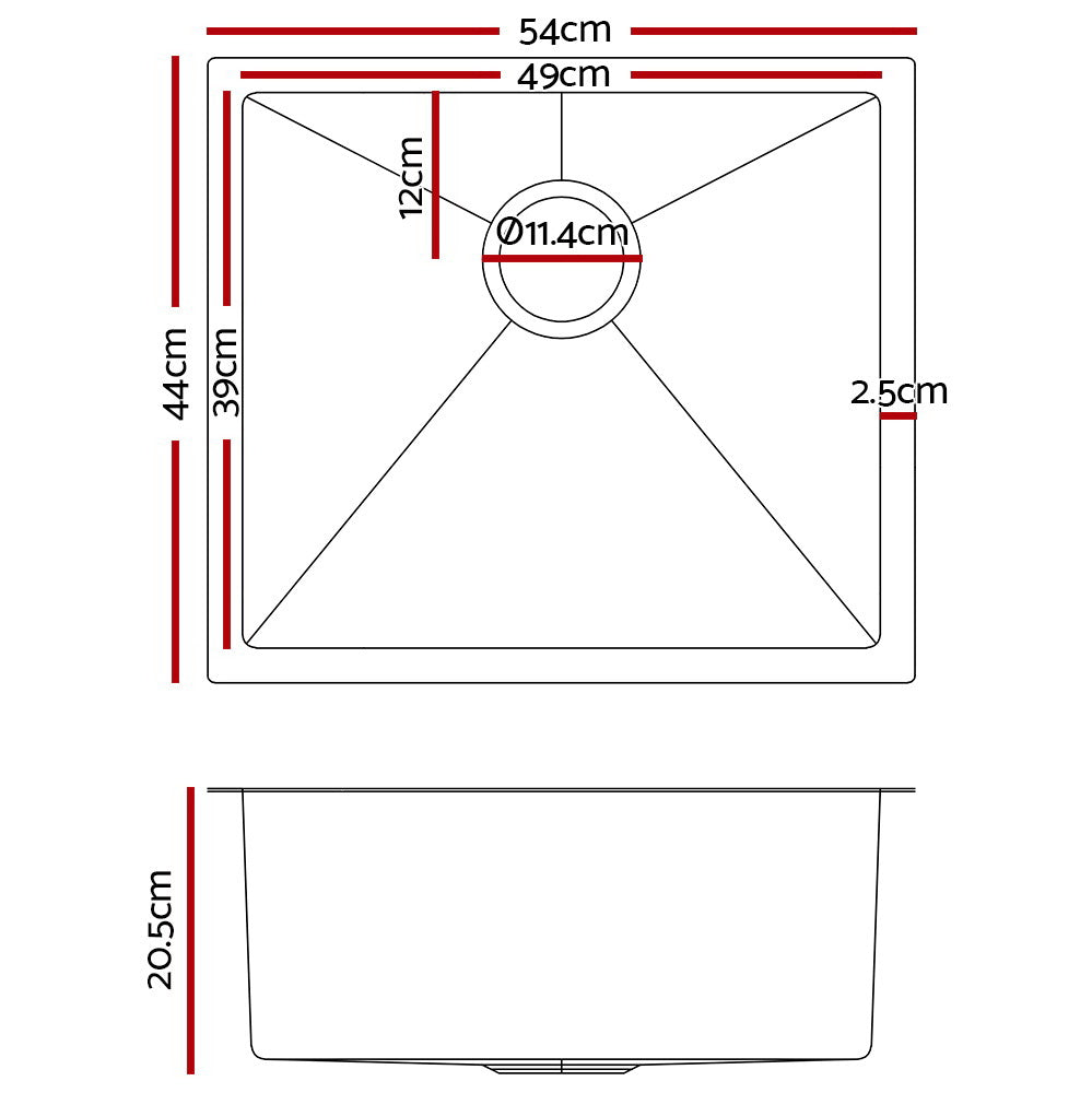 Cefito 54cm x 44cm stainless steel kitchen sink with a sleek design, featuring rounded corners and a waste strainer.