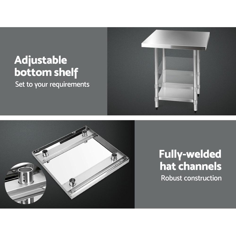 Cefito 762 x 762mm Commercial Stainless Steel Kitchen Bench with adjustable legs and castor wheels, ideal for kitchens.