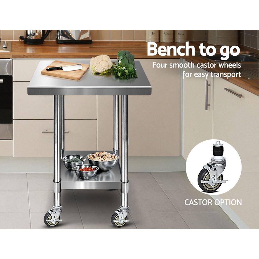 Cefito 762 x 762mm Commercial Stainless Steel Kitchen Bench with adjustable legs and castor wheels, ideal for kitchens.