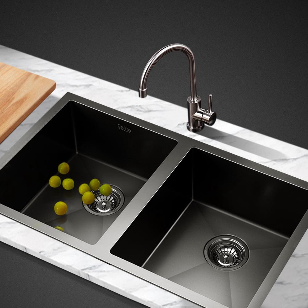 Cefito 77cm x 45cm stainless steel kitchen sink with a sleek design, showcasing its rounded corners and nano-coated surface.