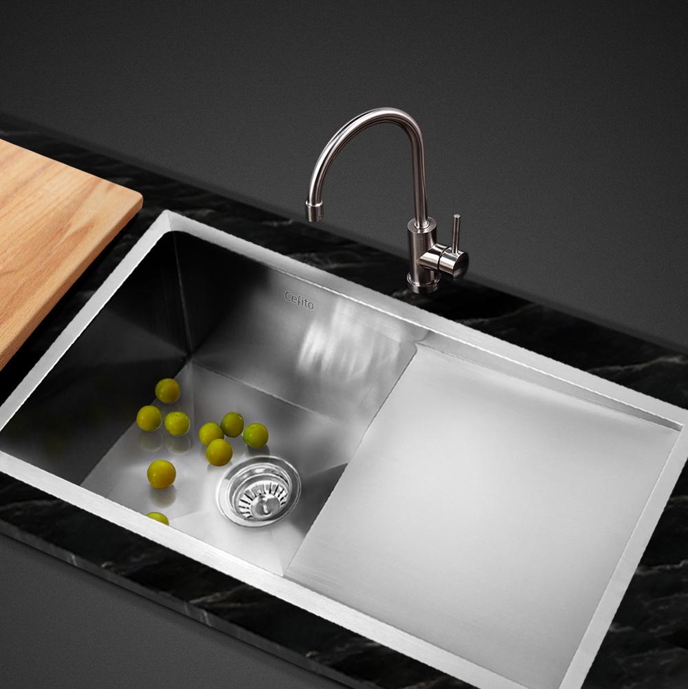 Cefito 87cm x 45cm stainless steel kitchen sink with satin finish and X-flume design, showcasing its elegant square shape.