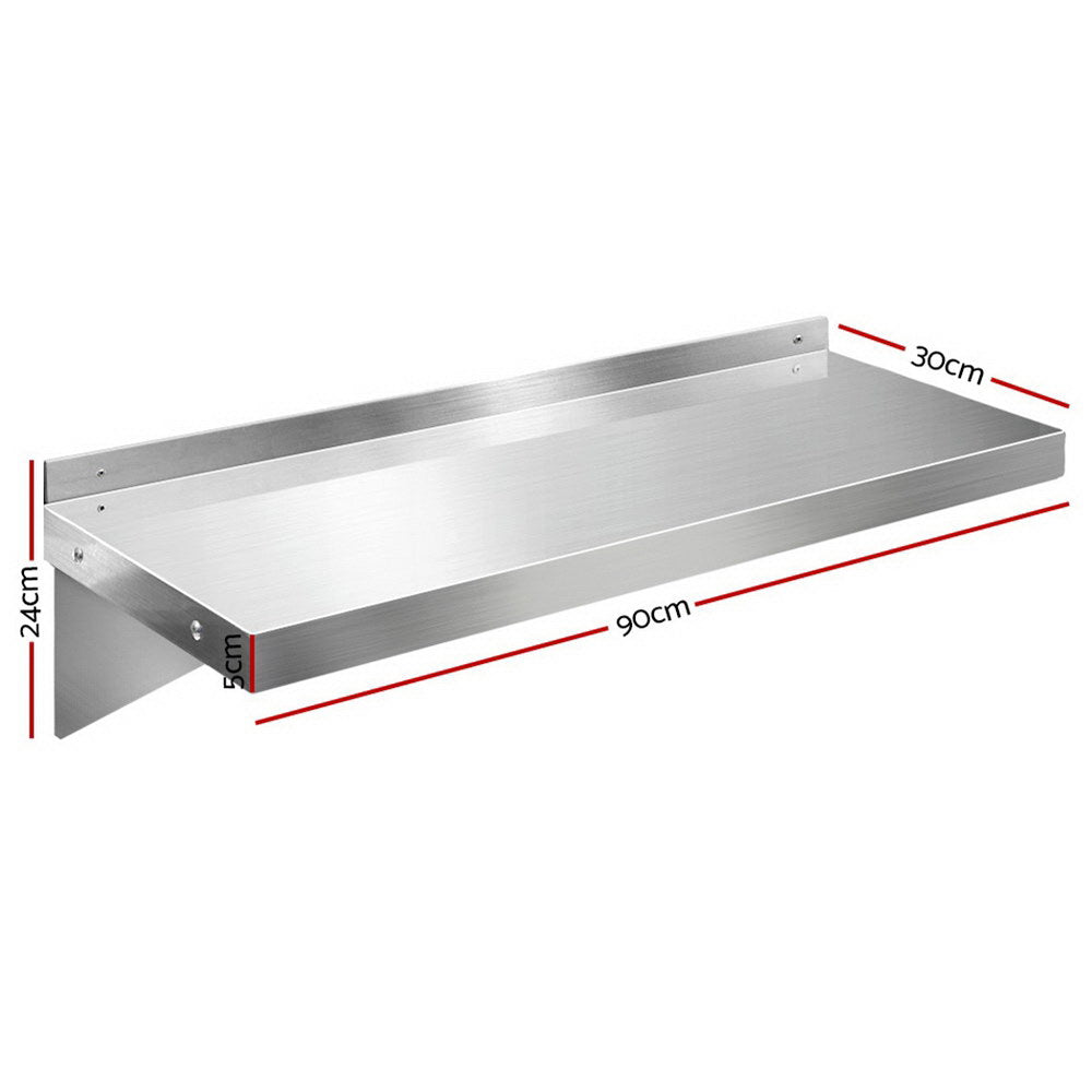 Cefito 900mm Stainless Steel Wall Shelf mounted in a kitchen, showcasing its sleek design and ample storage space.