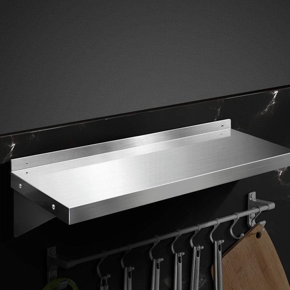 Cefito 900mm Stainless Steel Wall Shelf mounted in a kitchen, showcasing its sleek design and ample storage space.