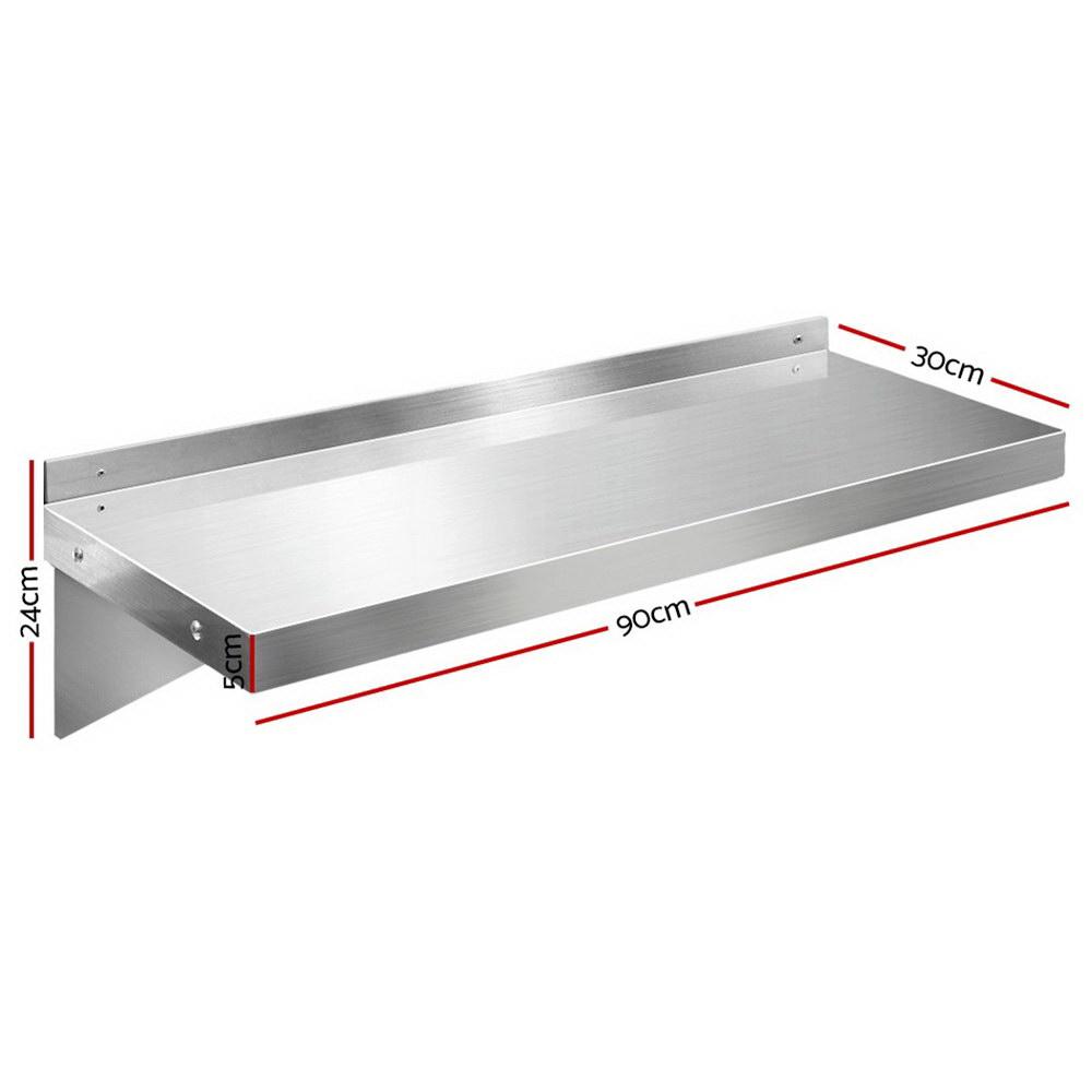 Cefito 900mm Stainless Steel Wall Shelf mounted on a kitchen wall, showcasing its sleek design and ample storage space.