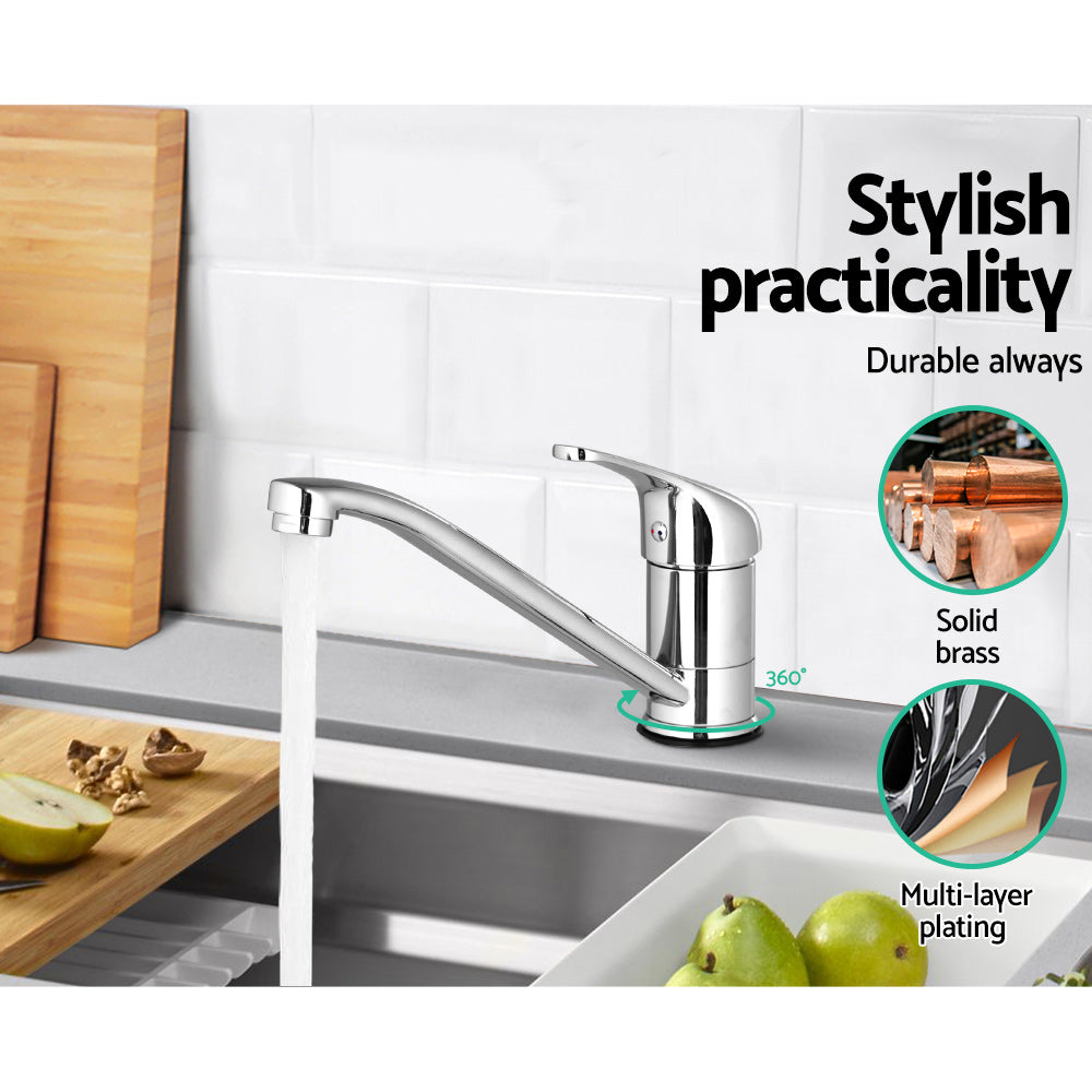 Cefito Basin Mixer Tap in Silver, showcasing a sleek design with a gooseneck spout and polished chrome finish, ideal for modern kitchens.