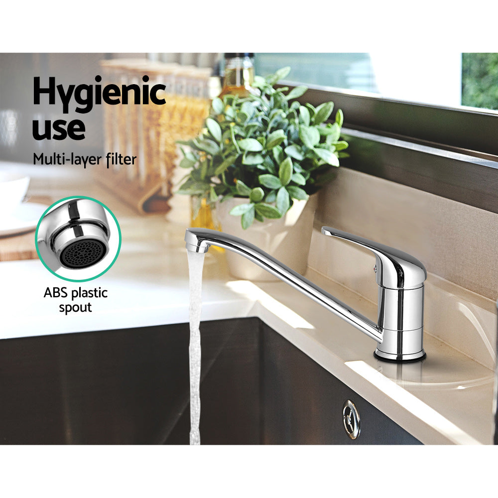 Cefito Basin Mixer Tap in Silver, showcasing a sleek design with a gooseneck spout and polished chrome finish, ideal for modern kitchens.