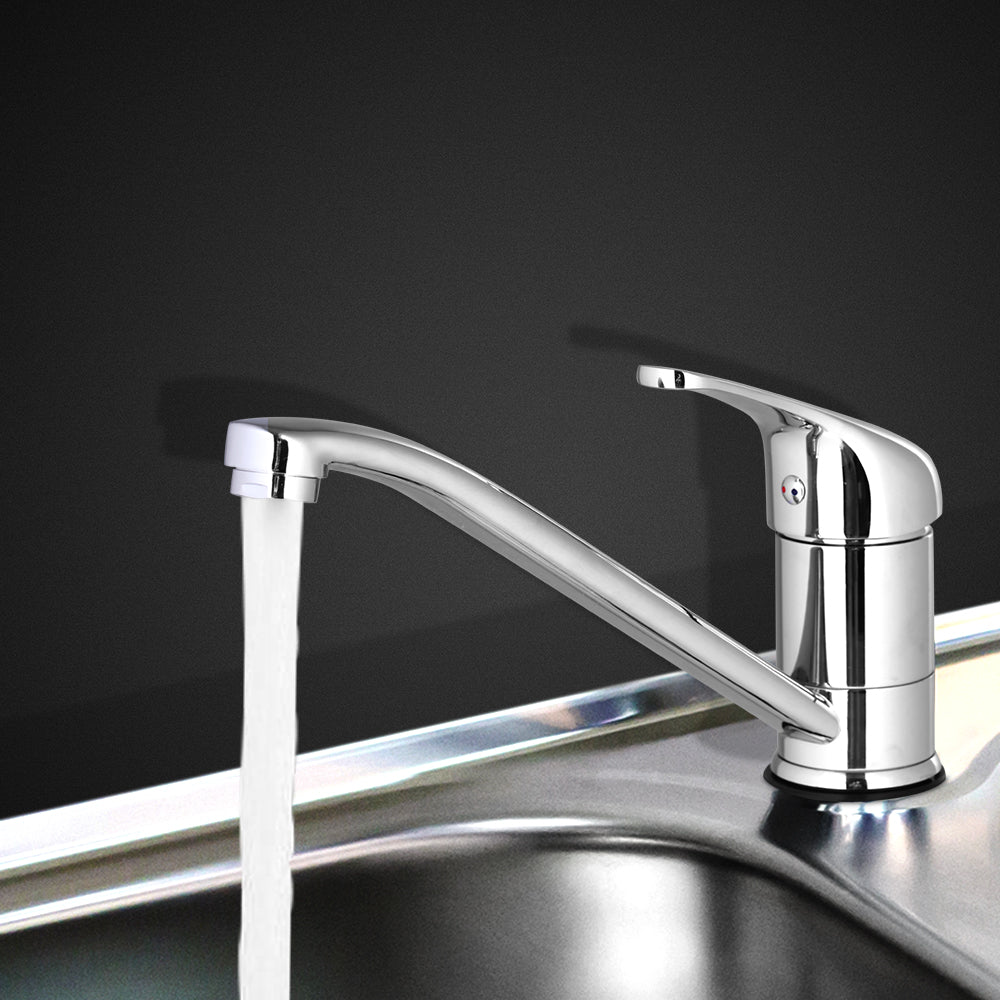 Cefito Basin Mixer Tap in Silver, showcasing a sleek design with a gooseneck spout and polished chrome finish, ideal for modern kitchens.