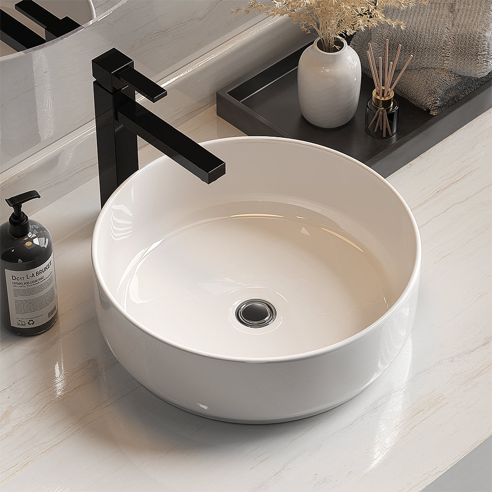 Cefito Bathroom Basin Ceramic Vanity Basin in white, featuring a round shape and high-gloss finish, perfect for modern bathrooms.