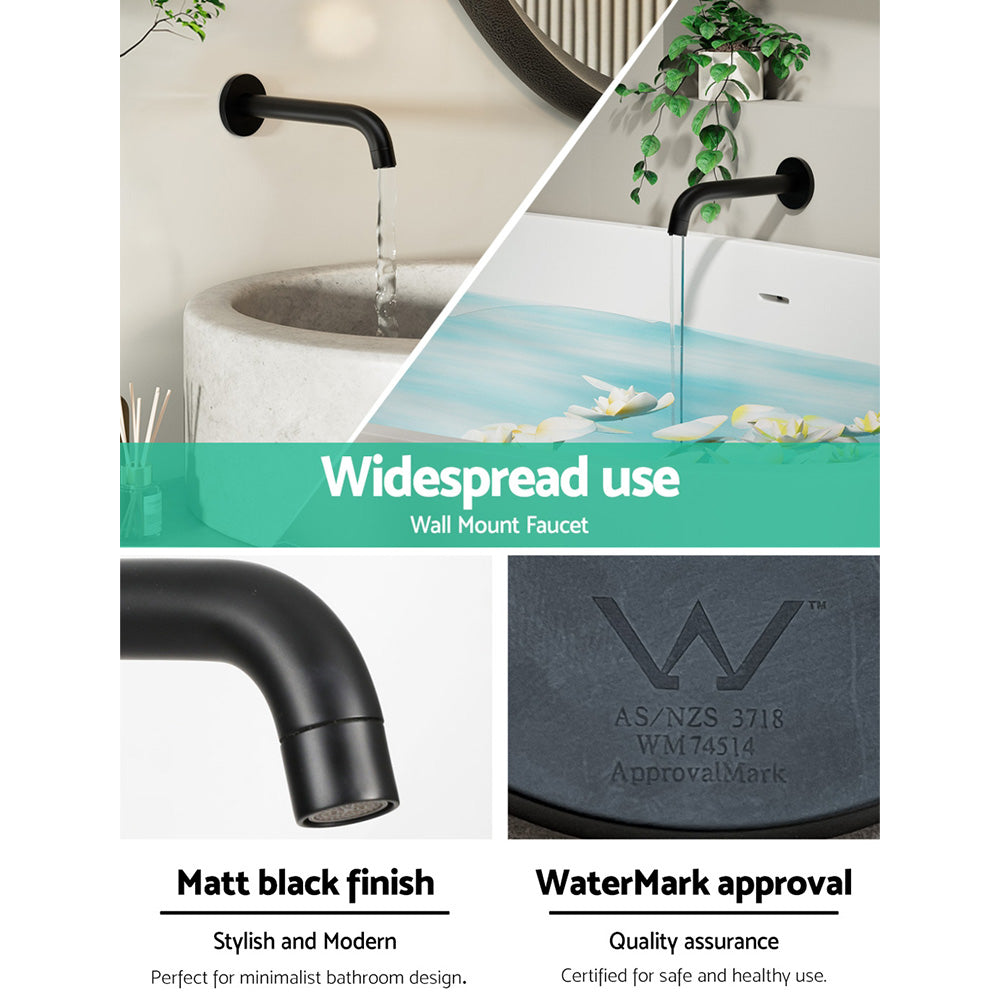 Cefito wall-mounted spout faucet in matte black finish, designed for basins and bathtubs, showcasing modern elegance and durability.