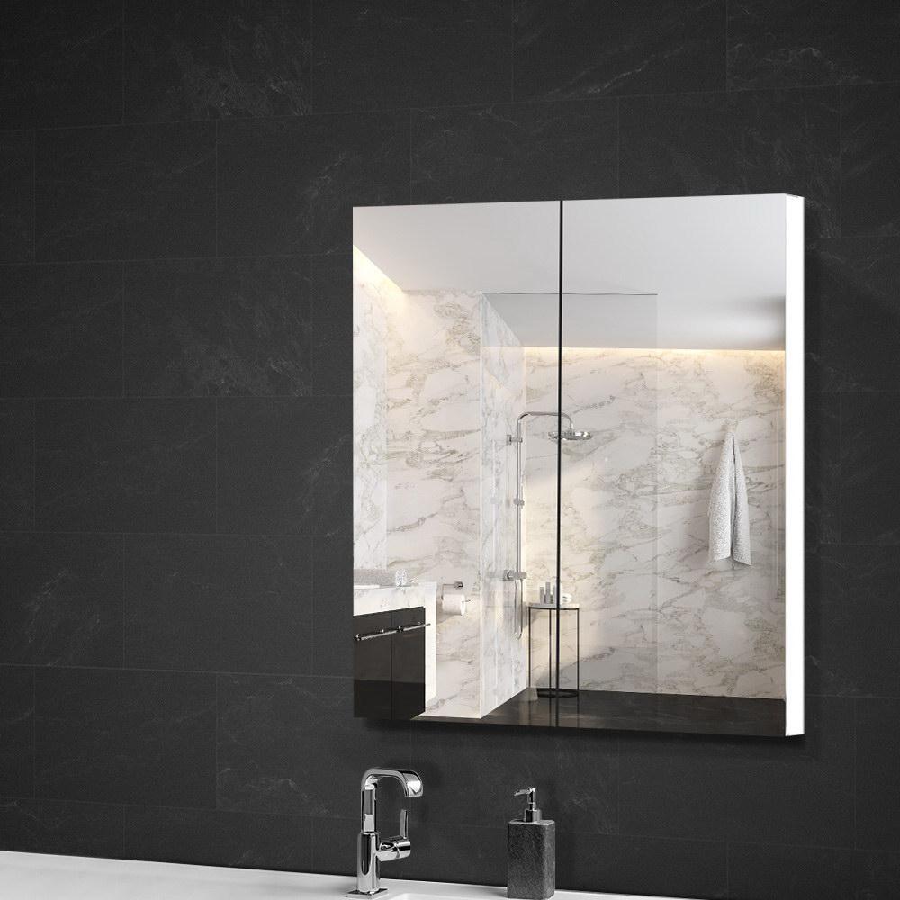 Cefito Bathroom Vanity Mirror with Storage Cabinet in white, featuring twin doors and adjustable glass shelves.