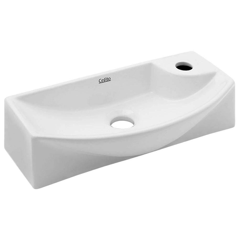 Cefito Ceramic Basin 46cm x 15cm with high gloss finish and nano-glazed surface, perfect for modern bathrooms.