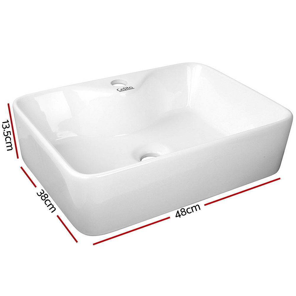 Cefito Ceramic Rectangle Sink Bowl in White, showcasing its high gloss finish and elegant design.