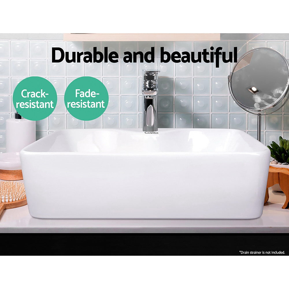 Cefito Ceramic Rectangle Sink Bowl in White, showcasing its high gloss finish and elegant design.