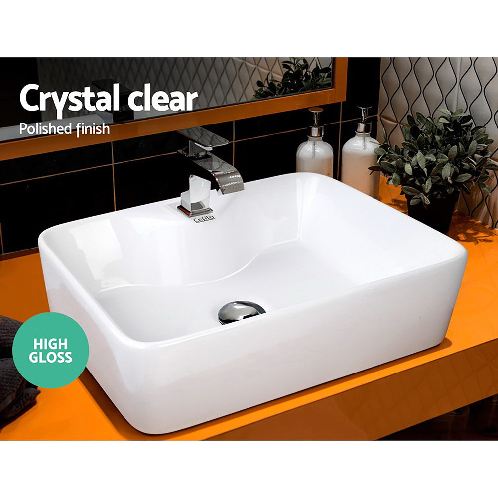 Cefito Ceramic Rectangle Sink Bowl in White, showcasing its high gloss finish and elegant design.