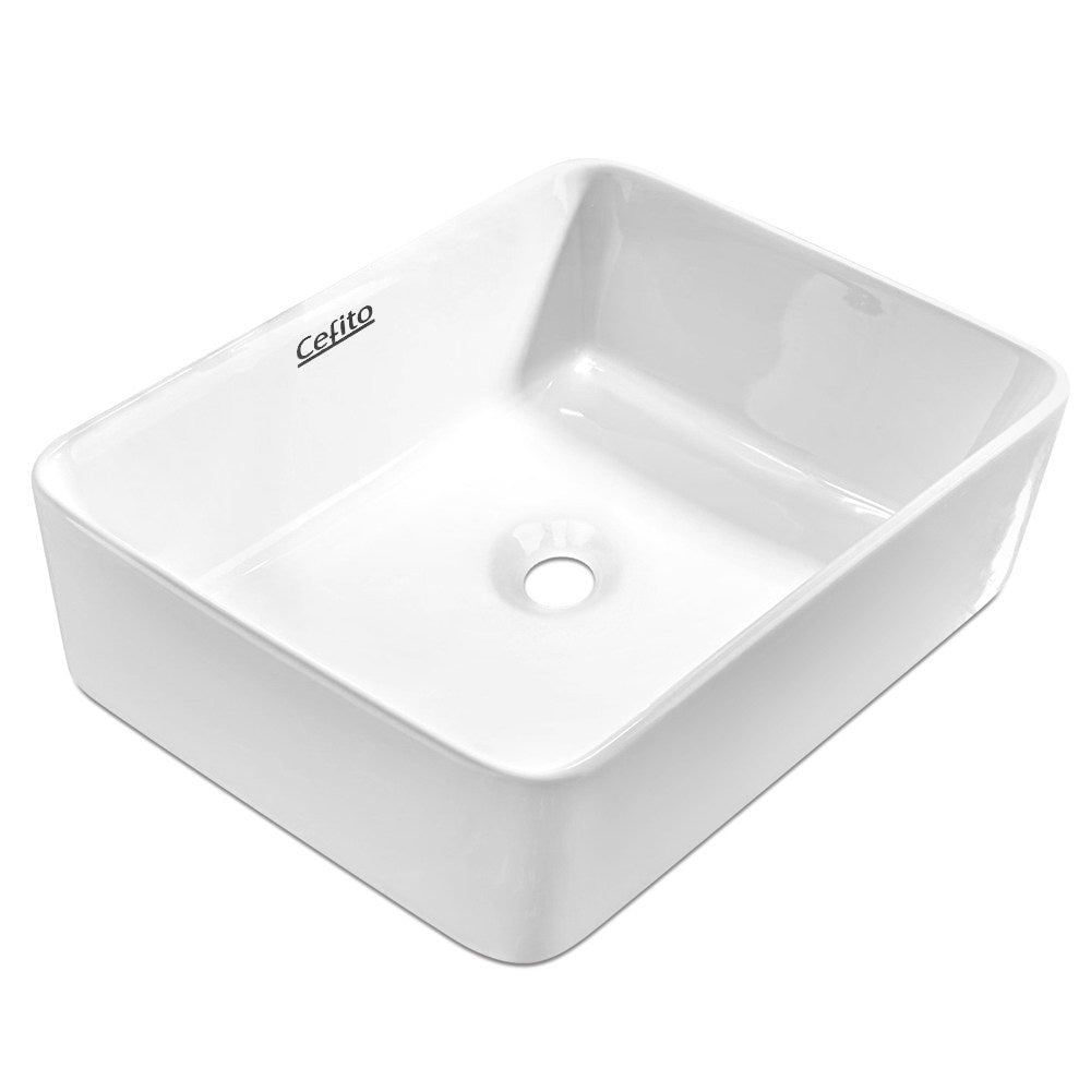 Cefito Ceramic Rectangle Sink Bowl in White, showcasing its elegant design and high gloss finish.