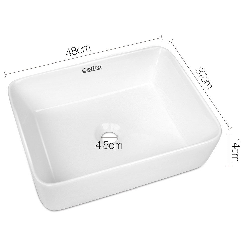 Cefito Ceramic Rectangle Sink Bowl in White, showcasing its elegant design and high gloss finish.