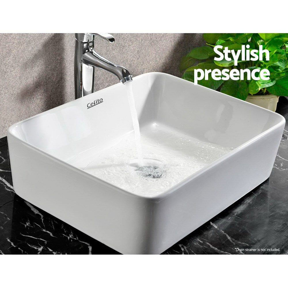 Cefito Ceramic Rectangle Sink Bowl in White, showcasing its elegant design and high gloss finish.