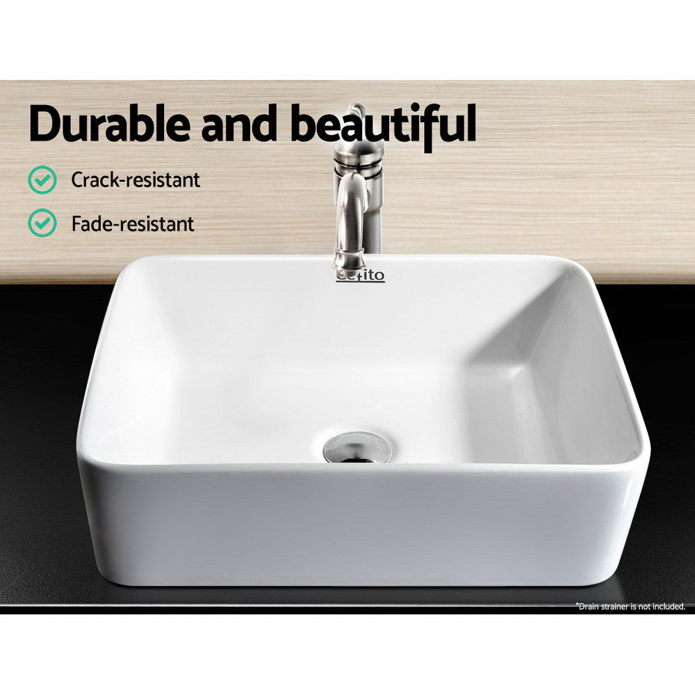 Cefito Ceramic Rectangle Sink Bowl in White, showcasing its elegant design and high gloss finish.