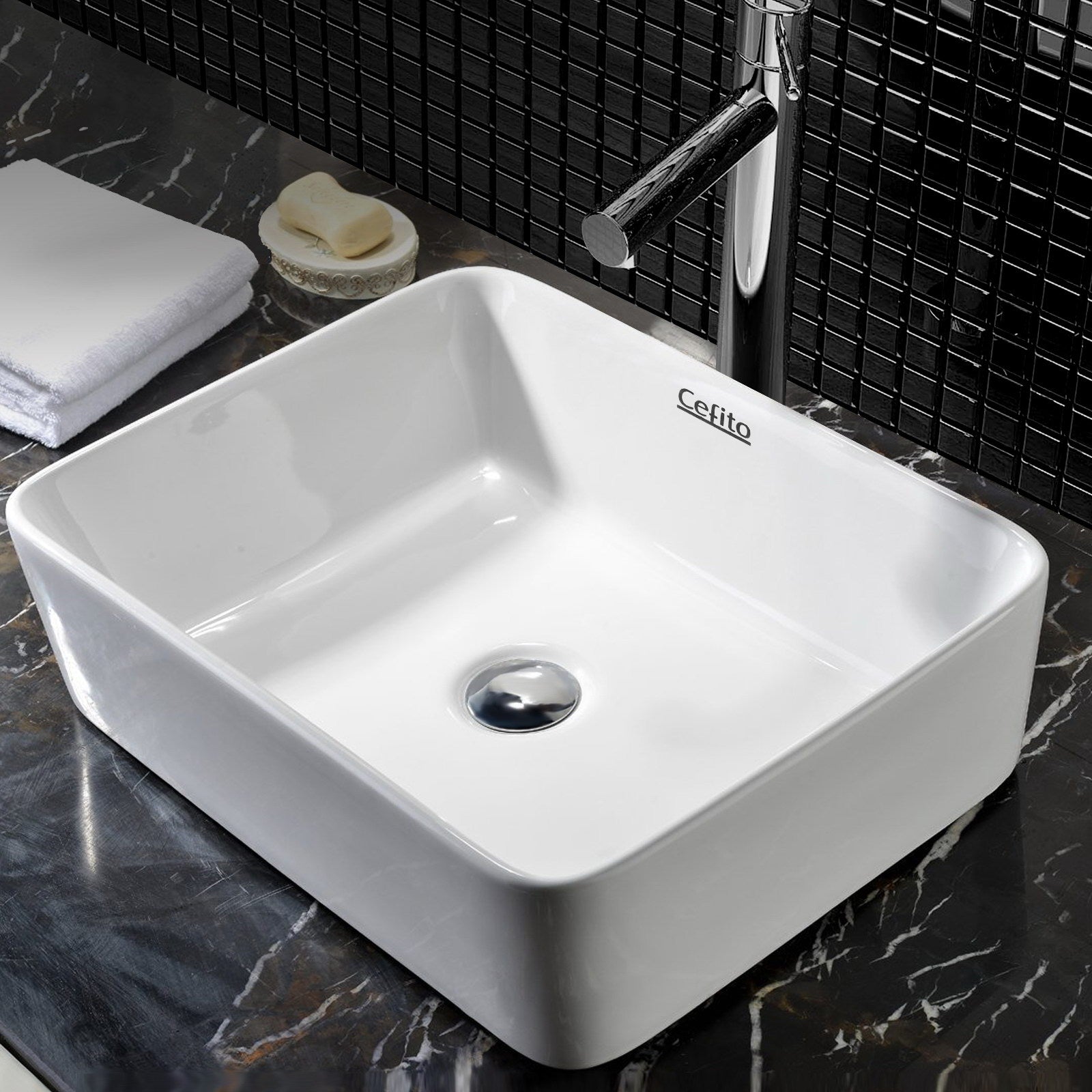 Cefito Ceramic Rectangle Sink Bowl in White, showcasing its elegant design and high gloss finish.