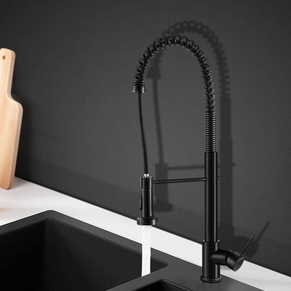 Cefito Pull Out Kitchen Tap Mixer in matt black finish with gooseneck design and pull-out spray feature.