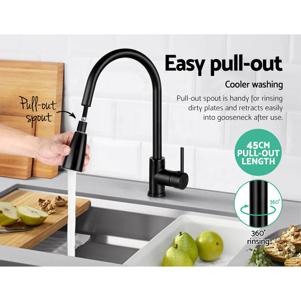 Cefito Pull-out Mixer Faucet Tap in Black with gooseneck design and pull-out spray feature, showcasing its modern and sleek appearance.