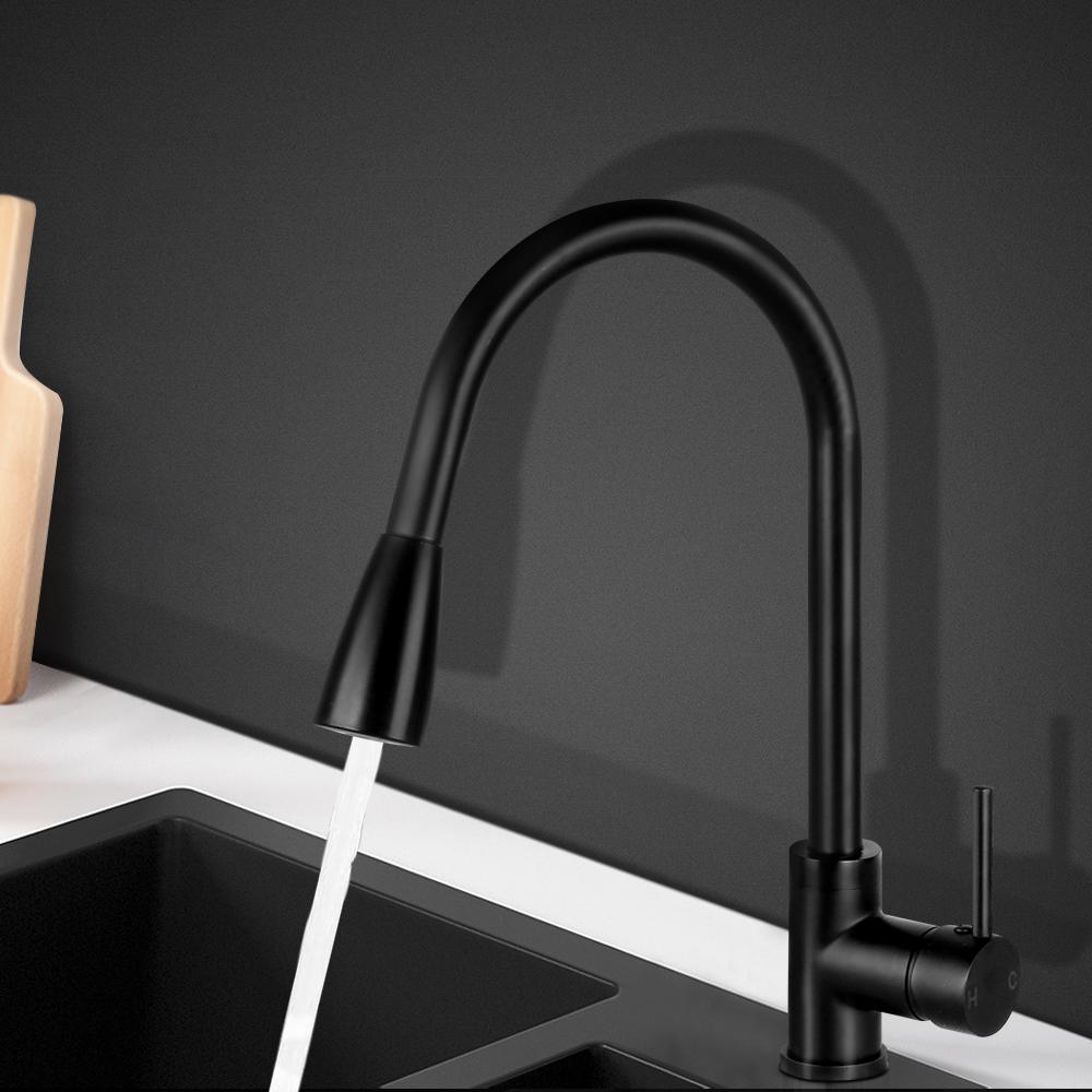 Cefito Pull-out Mixer Faucet Tap in Black with gooseneck design and pull-out spray feature, showcasing its modern and sleek appearance.