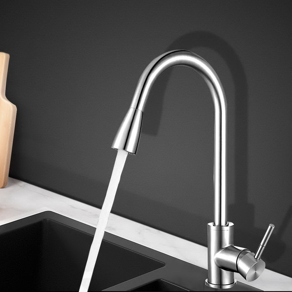 Cefito Pull-out Mixer Faucet Tap in Silver with a sleek design and gooseneck feature, showcasing its polished chrome finish and pull-out spray functionality.