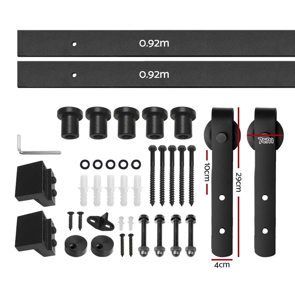 Cefito Sliding Barn Door Hardware Track Set featuring black powder-coated steel, smooth rollers, and installation components.