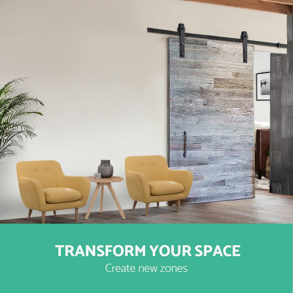 Cefito Sliding Barn Door Hardware Track Set featuring black powder-coated steel, smooth rollers, and installation components.