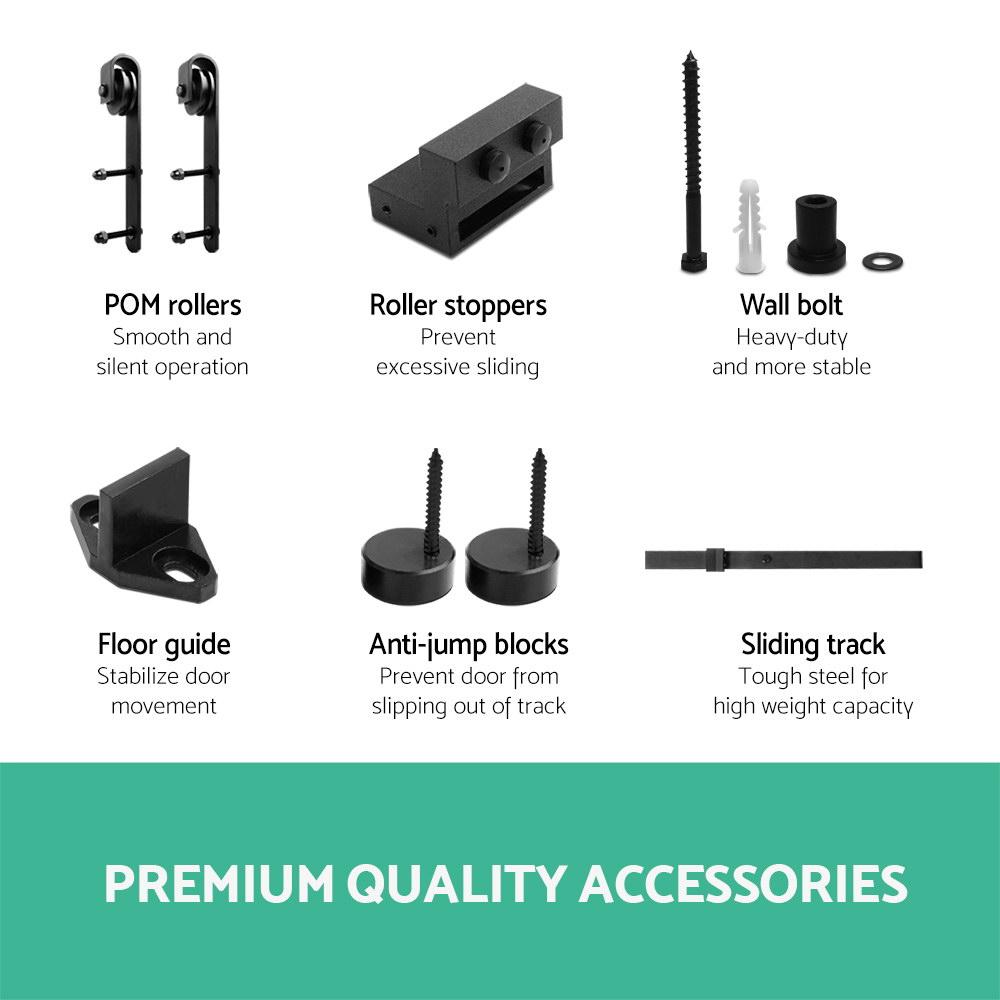 Cefito Sliding Barn Door Hardware Track Set featuring black powder-coated steel, smooth rollers, and installation components.