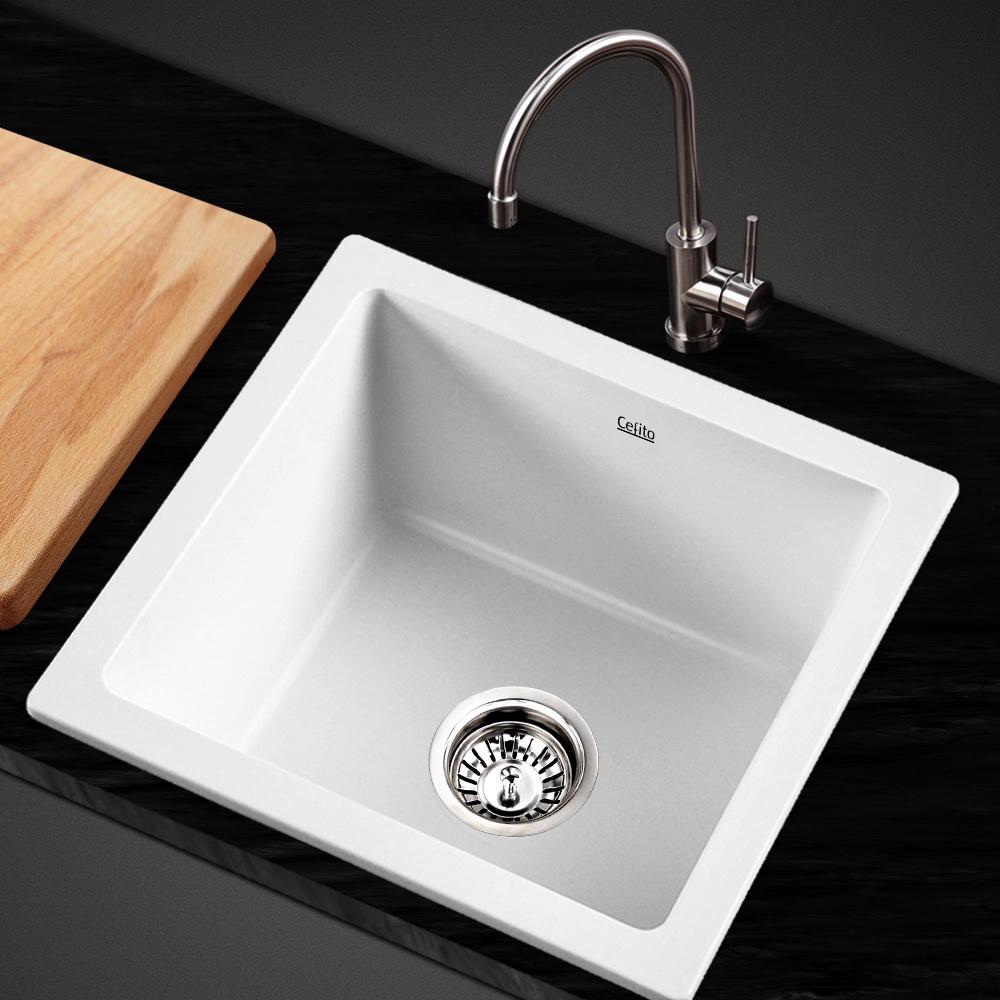 Cefito Stone Kitchen Sink 450X450MM in black granite, showcasing its sleek design and R15 rounded corners.