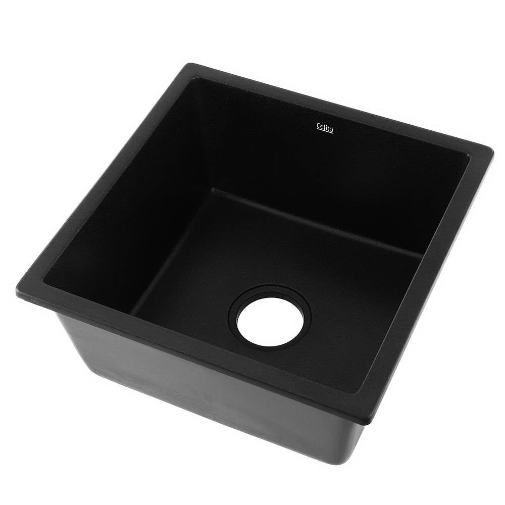 Cefito Stone Kitchen Sink 450X450MM in black granite, showcasing its sleek design and silky textured surface.