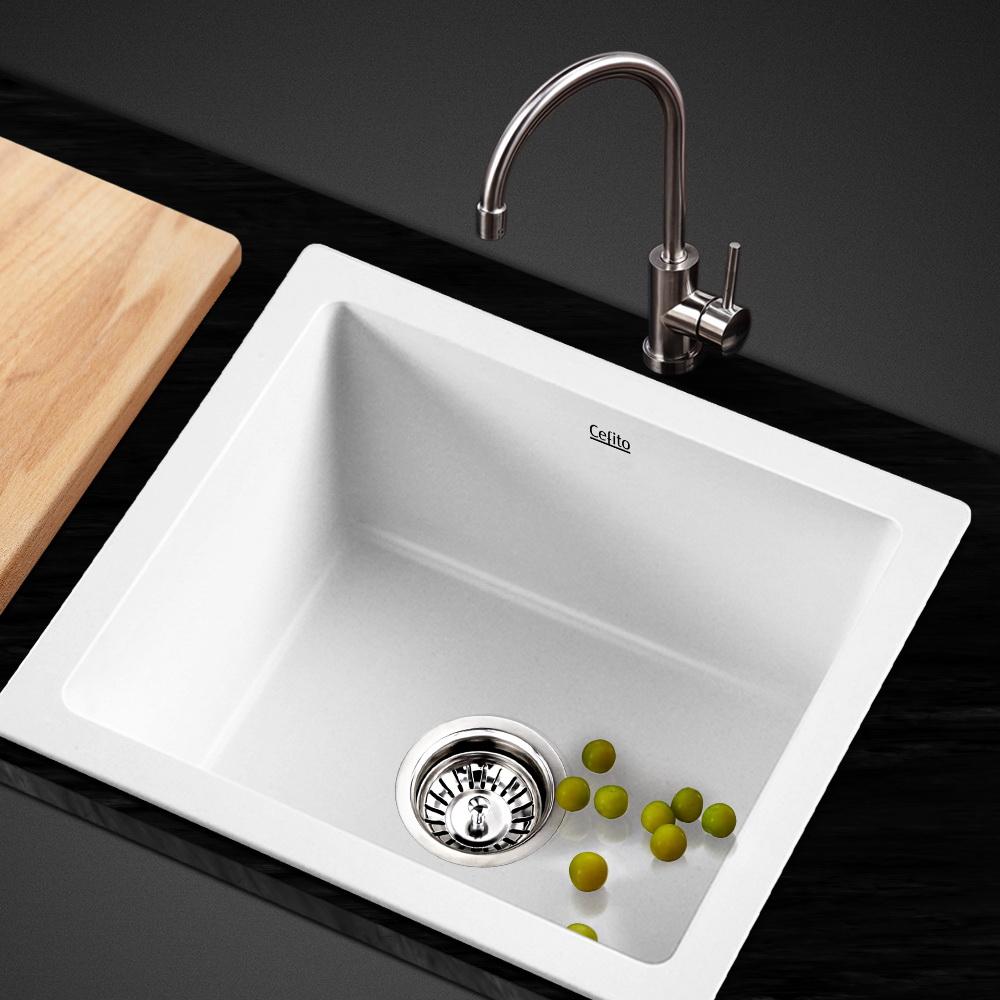 Cefito Stone Kitchen Sink 460X410MM in black granite, showcasing its sleek design and R15 rounded corners.