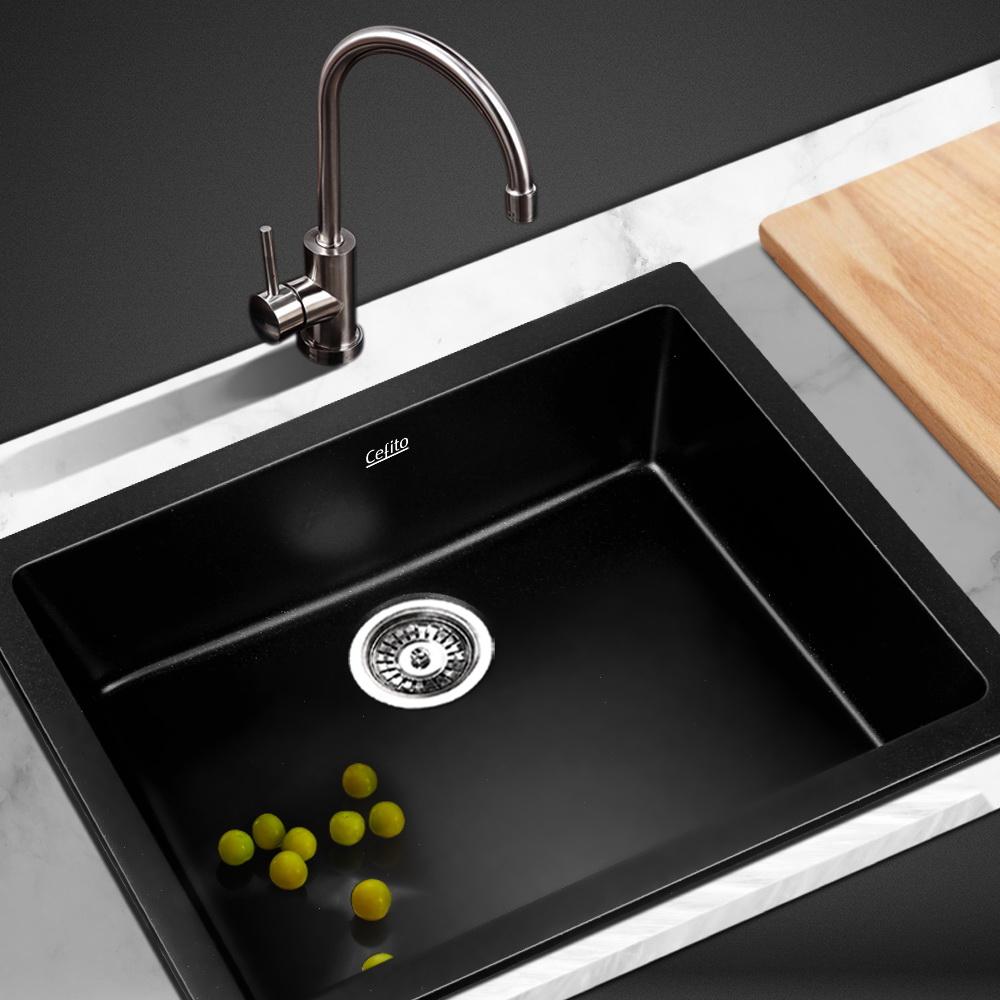 Cefito Stone Kitchen Sink 610X470MM in black granite, showcasing its sleek design and silky textured surface.