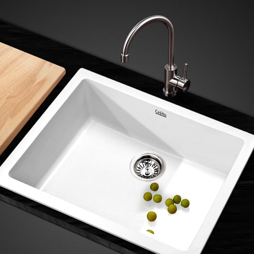 Cefito Stone Kitchen Sink 610X470MM showcasing a sleek black granite finish with R15 rounded corners, ideal for modern kitchens.