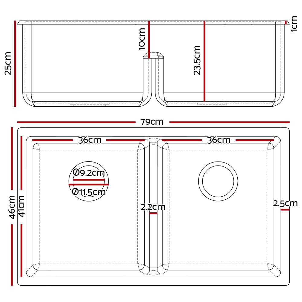 Cefito Stone Kitchen Sink 790X460MM in black granite, showcasing its sleek design and R15 rounded corners.