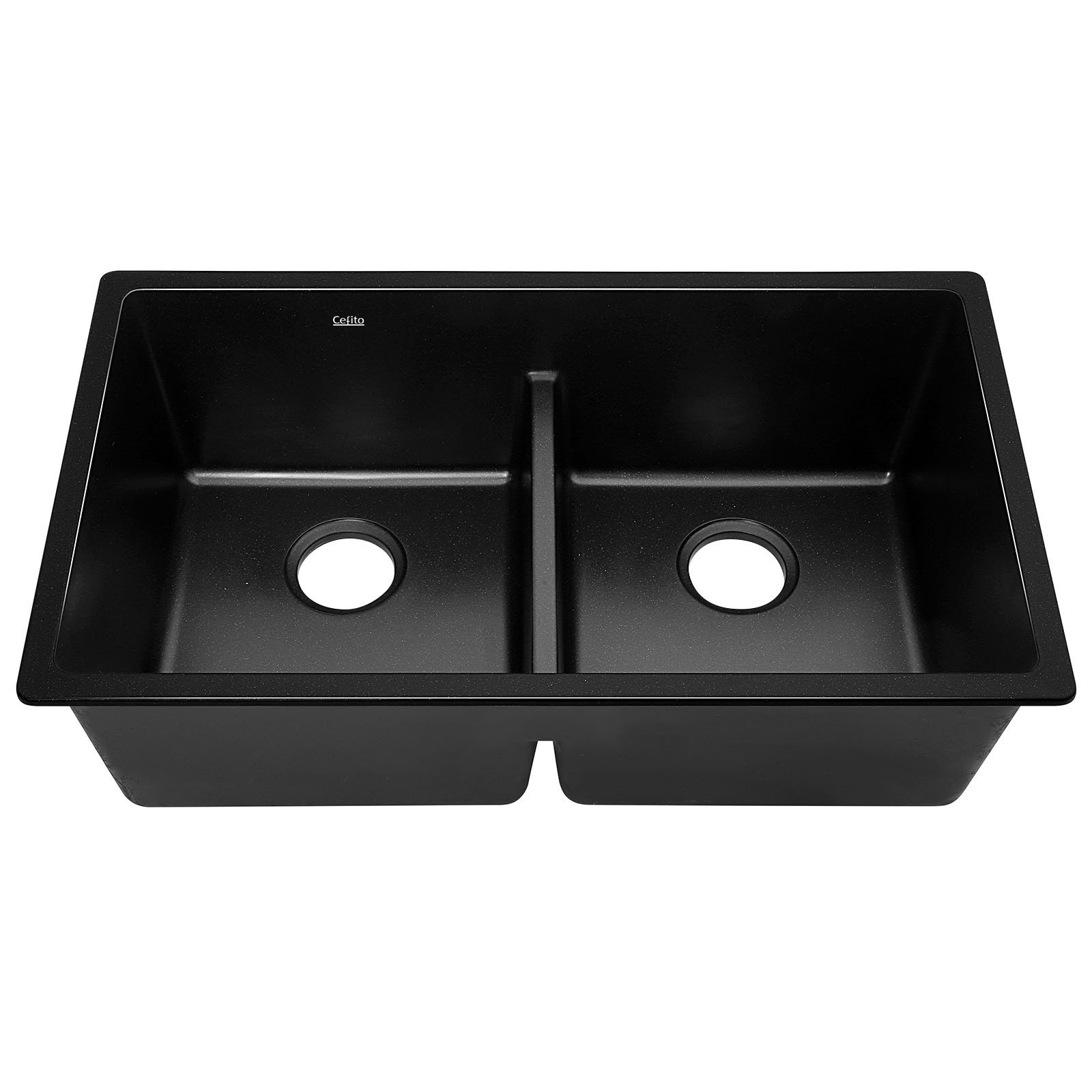 Cefito Stone Kitchen Sink 790X460MM in black granite, showcasing its sleek design and R15 rounded corners.