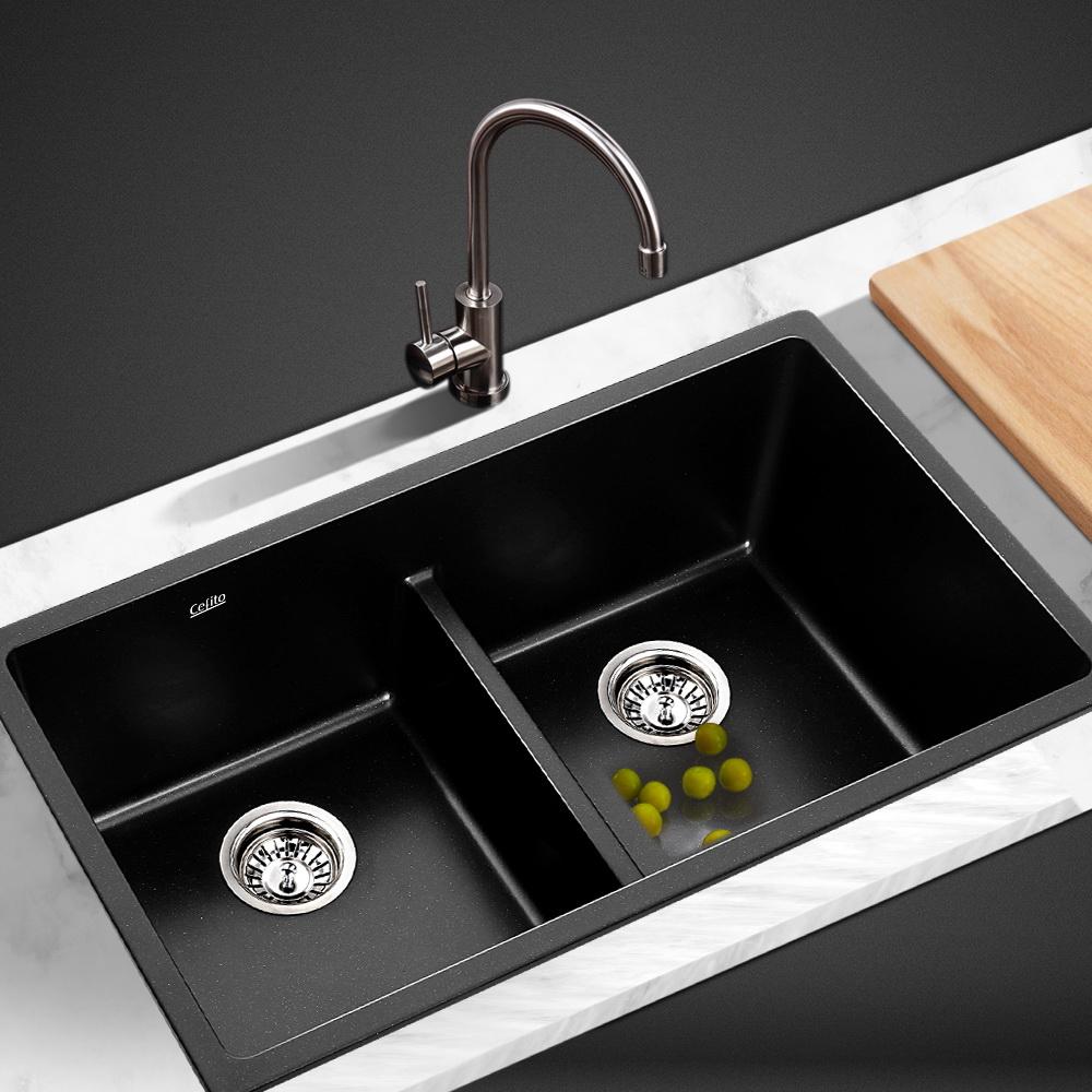 Cefito Stone Kitchen Sink 790X460MM in black granite, showcasing its sleek design and R15 rounded corners.