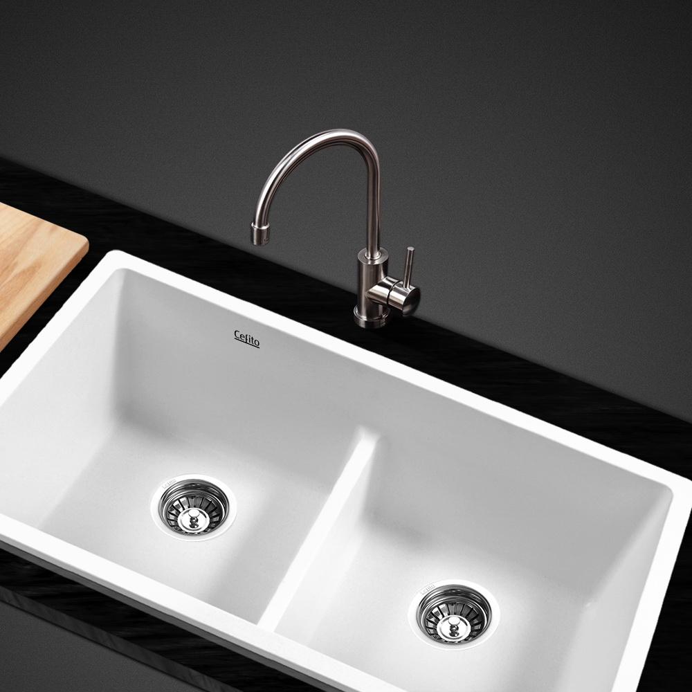 Cefito Stone Kitchen Sink 790X460MM showcasing its sleek black granite finish and R15 rounded corners, ideal for modern kitchens.