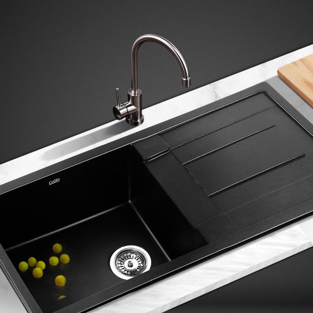 Cefito Stone Kitchen Sink 860X500MM in black granite, showcasing its sleek design and silky textured surface.