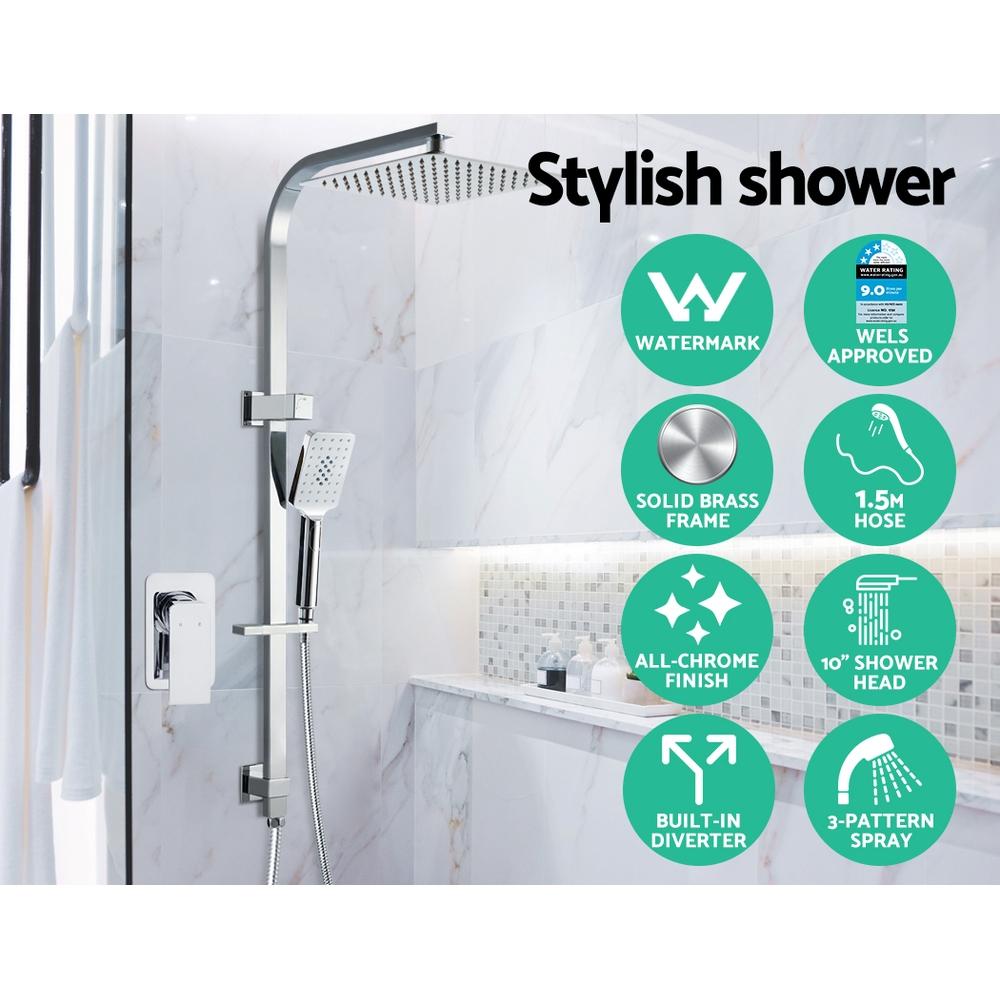 Cefito WELS 10'' Rain Shower Head Mixer featuring a solid brass body and premium chrome finish, showcasing both overhead and handheld shower heads.