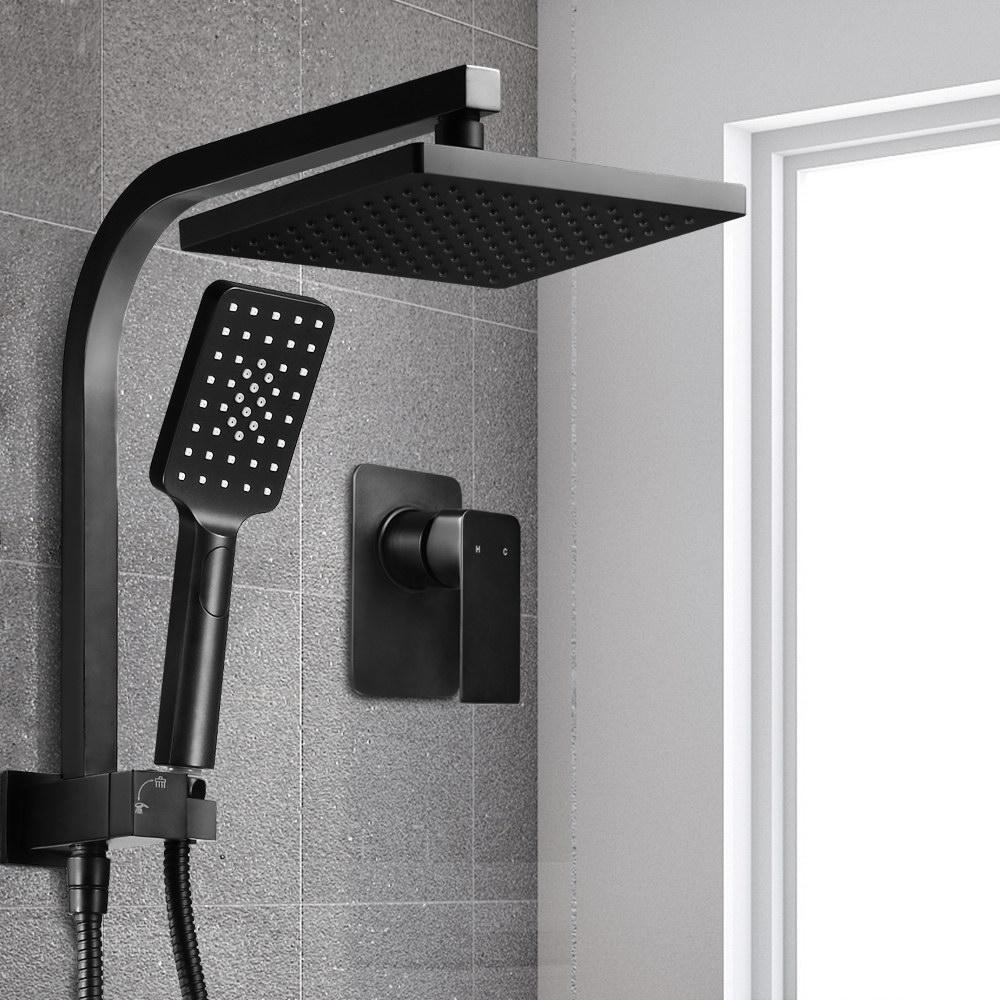 Cefito WELS 8'' Rain Shower Head Mixer in matte black finish, showcasing the overhead and handheld shower heads with brass diverter.