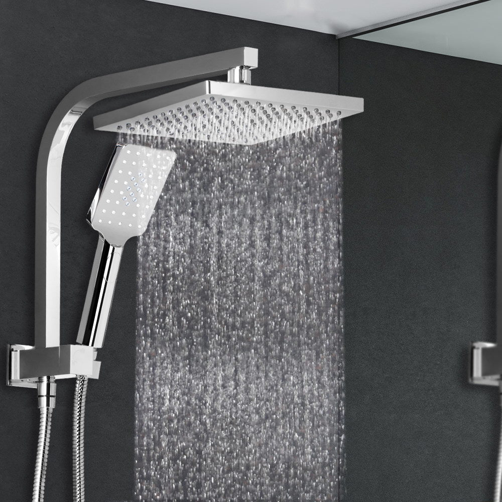 Cefito WELS 8'' Rain Shower Head Set featuring a square design with a handheld shower head and stainless steel hose, showcasing premium chrome finish.