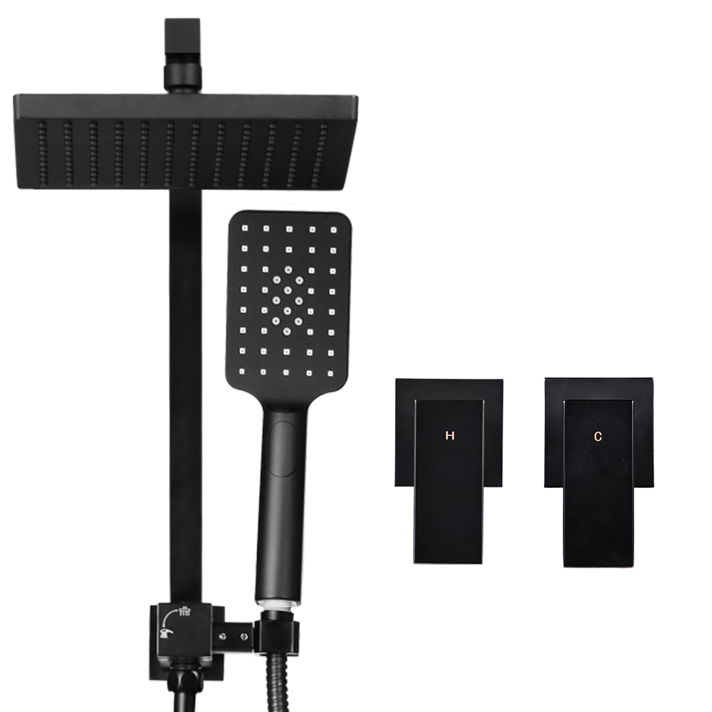 Cefito WELS 8'' Rain Shower Head with matte black finish, featuring a fixed overhead shower and handheld shower head.