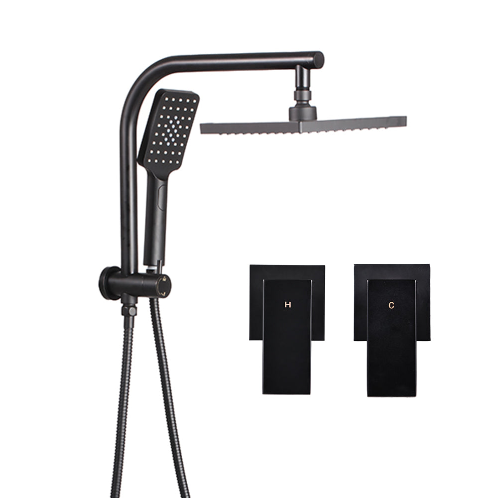 Cefito WELS 8'' Rain Shower Head with matte black finish, featuring a fixed overhead shower and handheld shower head.