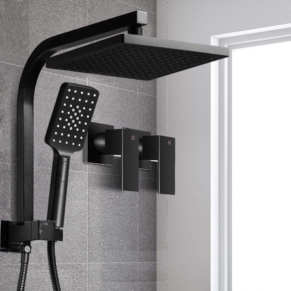 Cefito WELS 8'' Rain Shower Head with matte black finish, featuring a fixed overhead shower and handheld shower head.