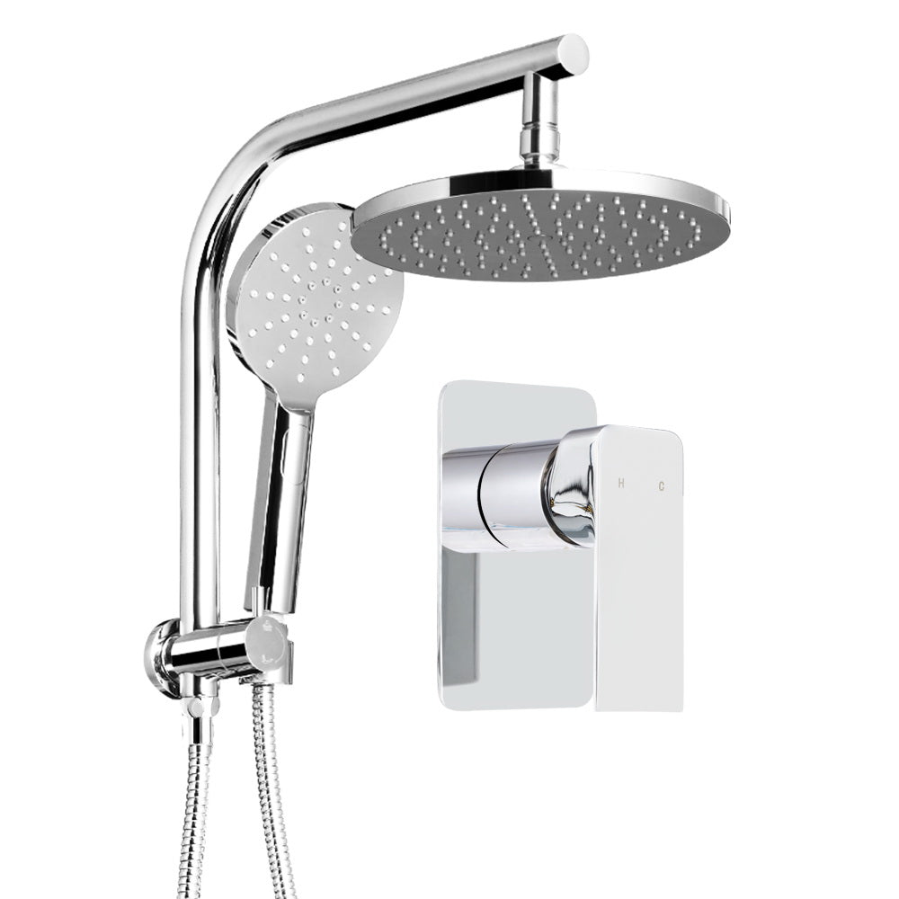 Cefito WELS 9'' Rain Shower Head Mixer featuring a round design, chrome finish, and handheld shower with multiple spray patterns.