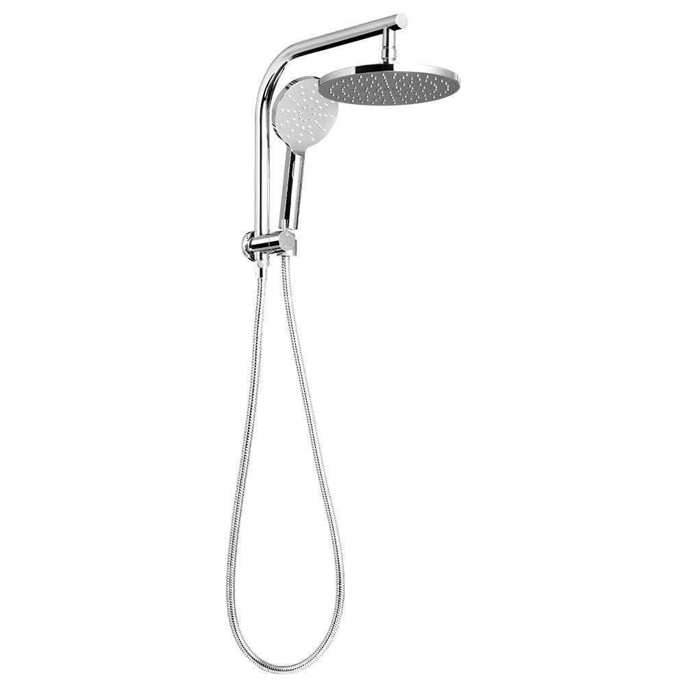 Cefito WELS 9'' Rain Shower Head Set featuring a round overhead shower and handheld shower head with chrome finish and brass construction.