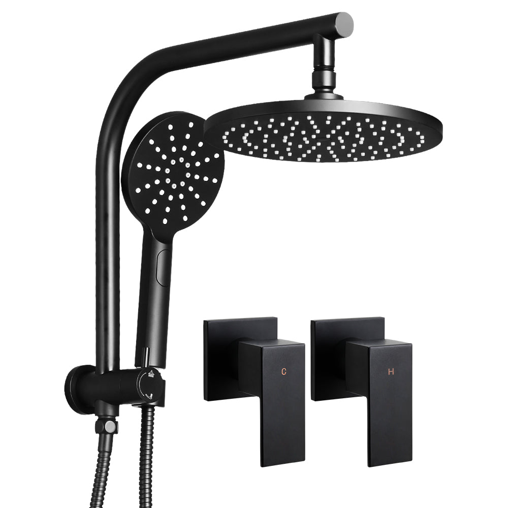 Cefito WELS 9'' Rain Shower Head Set featuring a round overhead shower and handheld shower head with a matte black finish and stainless steel hose.